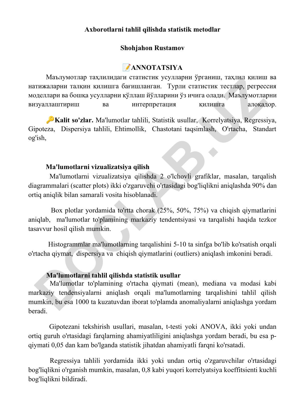 Ma'lumotlarni tahlil qilishda statistik usullar