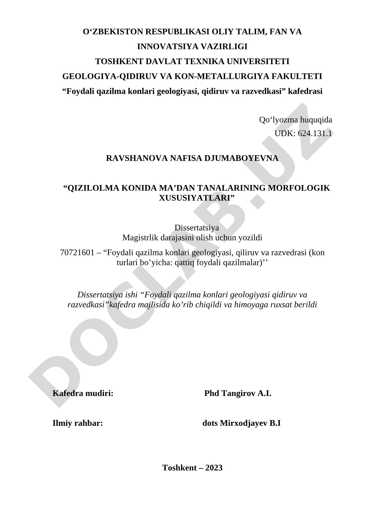 Qizilolma konida ma'dan tanalarining morfologik xususiyatlari