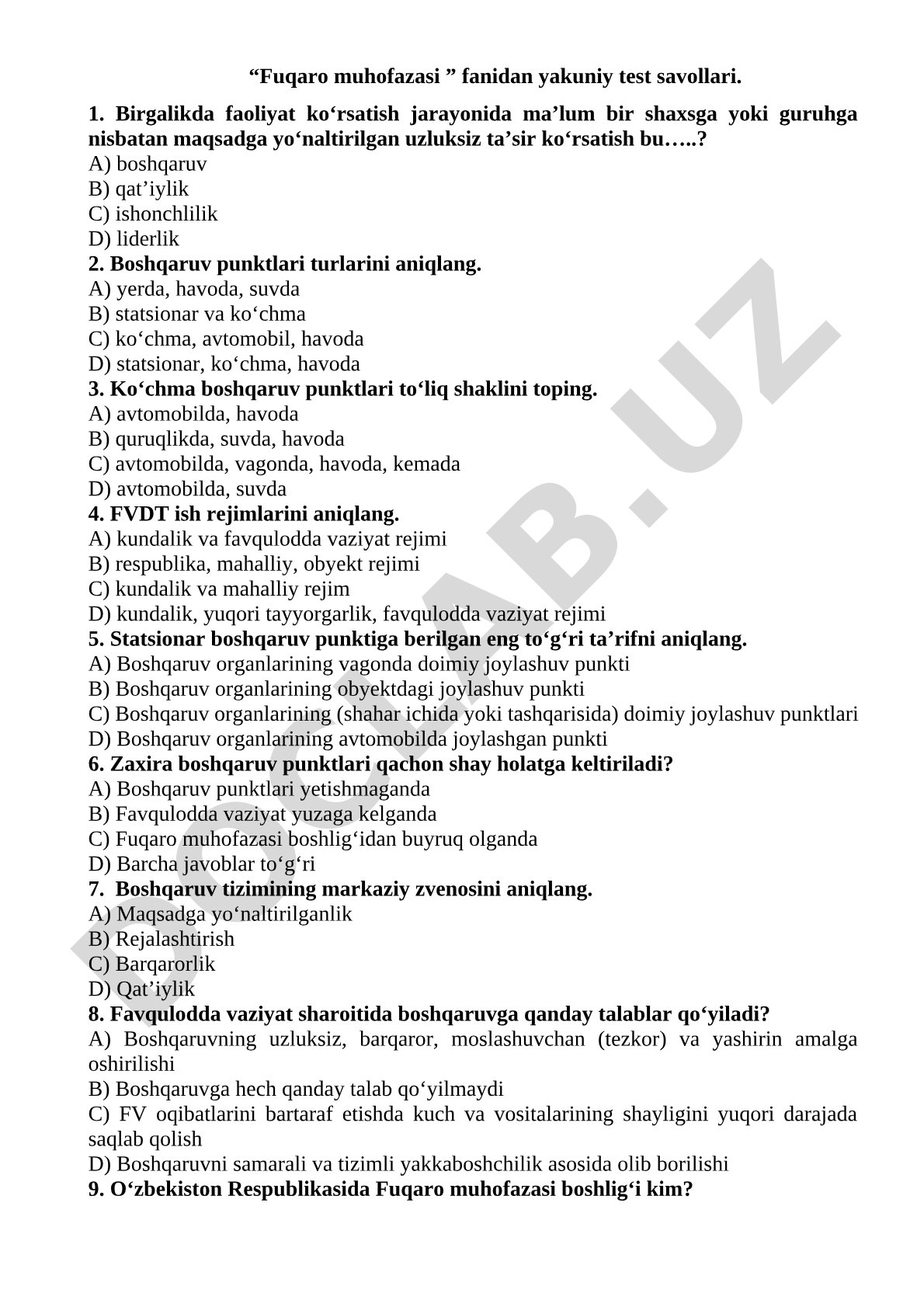 Fuqaro muhofazasi fanidan yakuniy test savollari