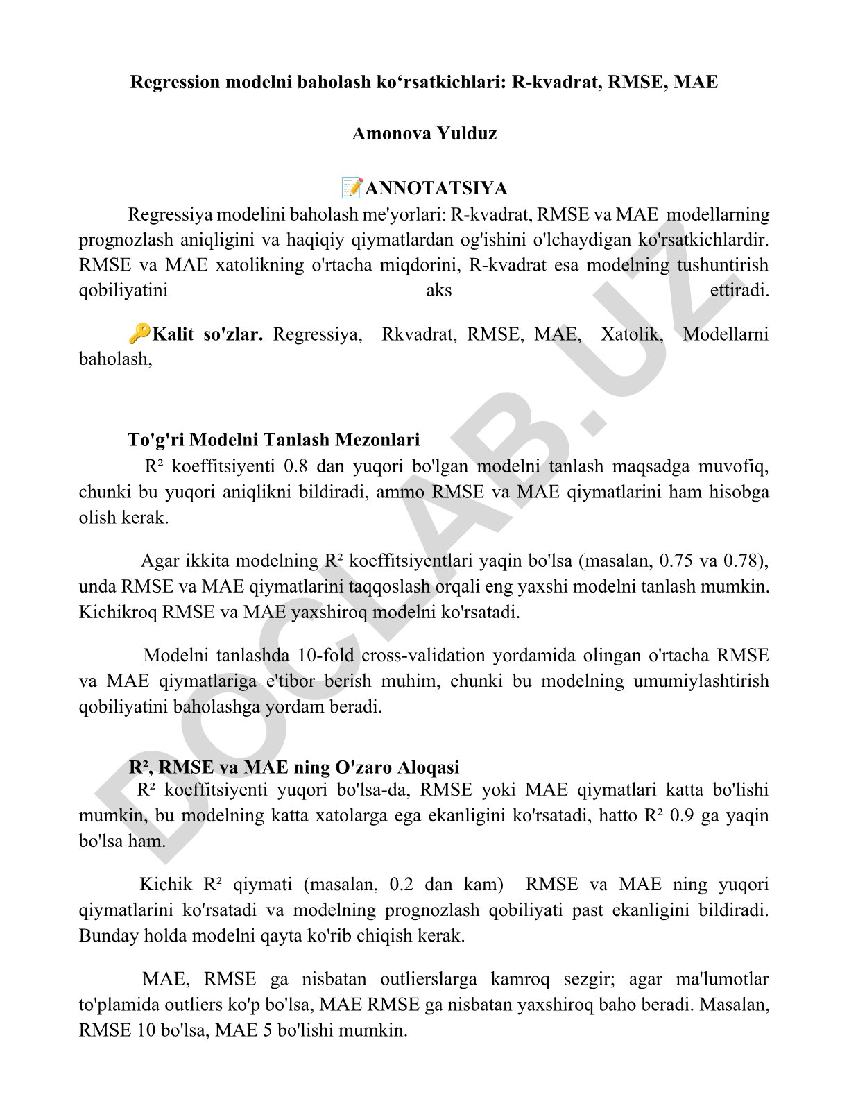 Regression modelni baholash ko'rsatkichlari: R-kvadrat, RMSE, MAE
