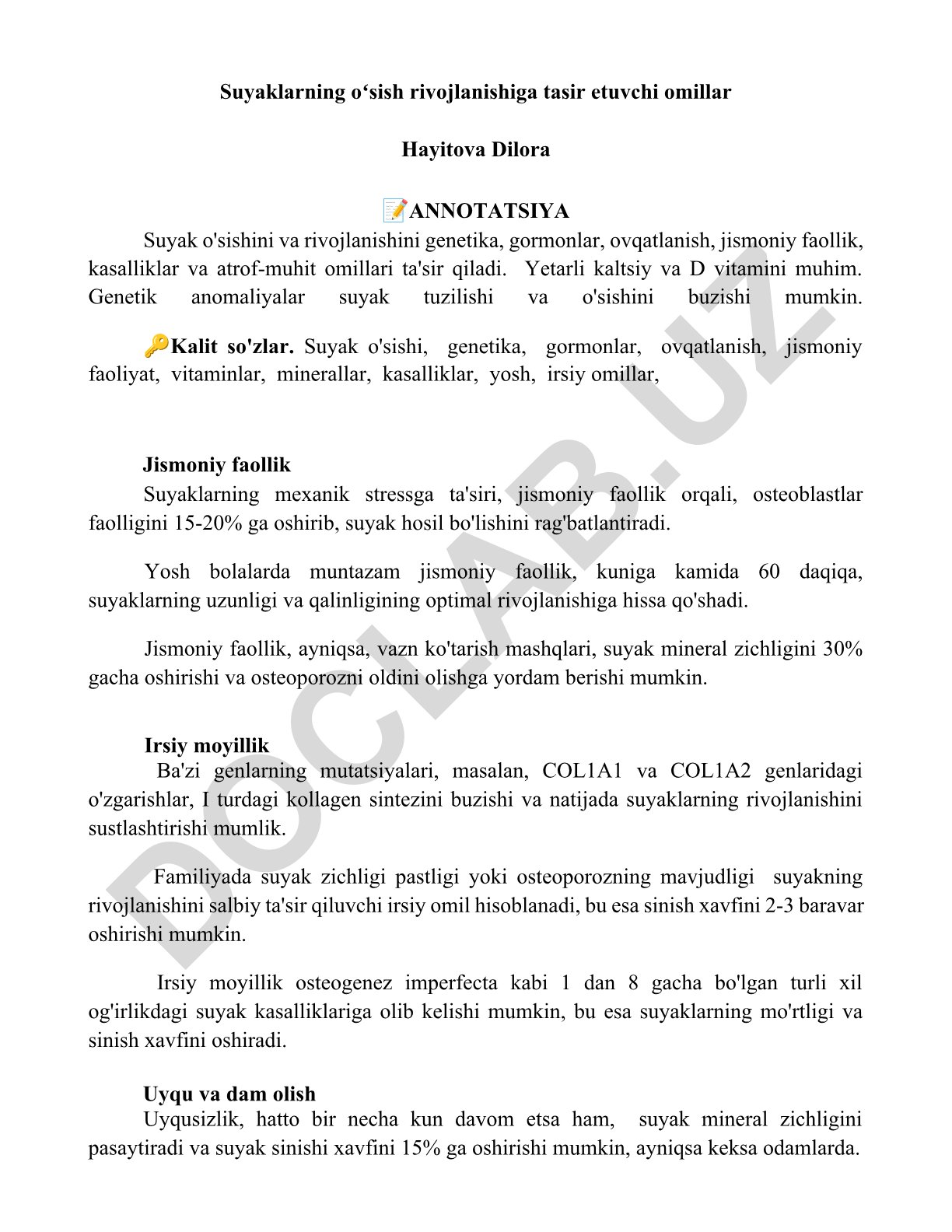 Suyaklarning oʻsish rivojlanishiga tasir etuvchi omillar
