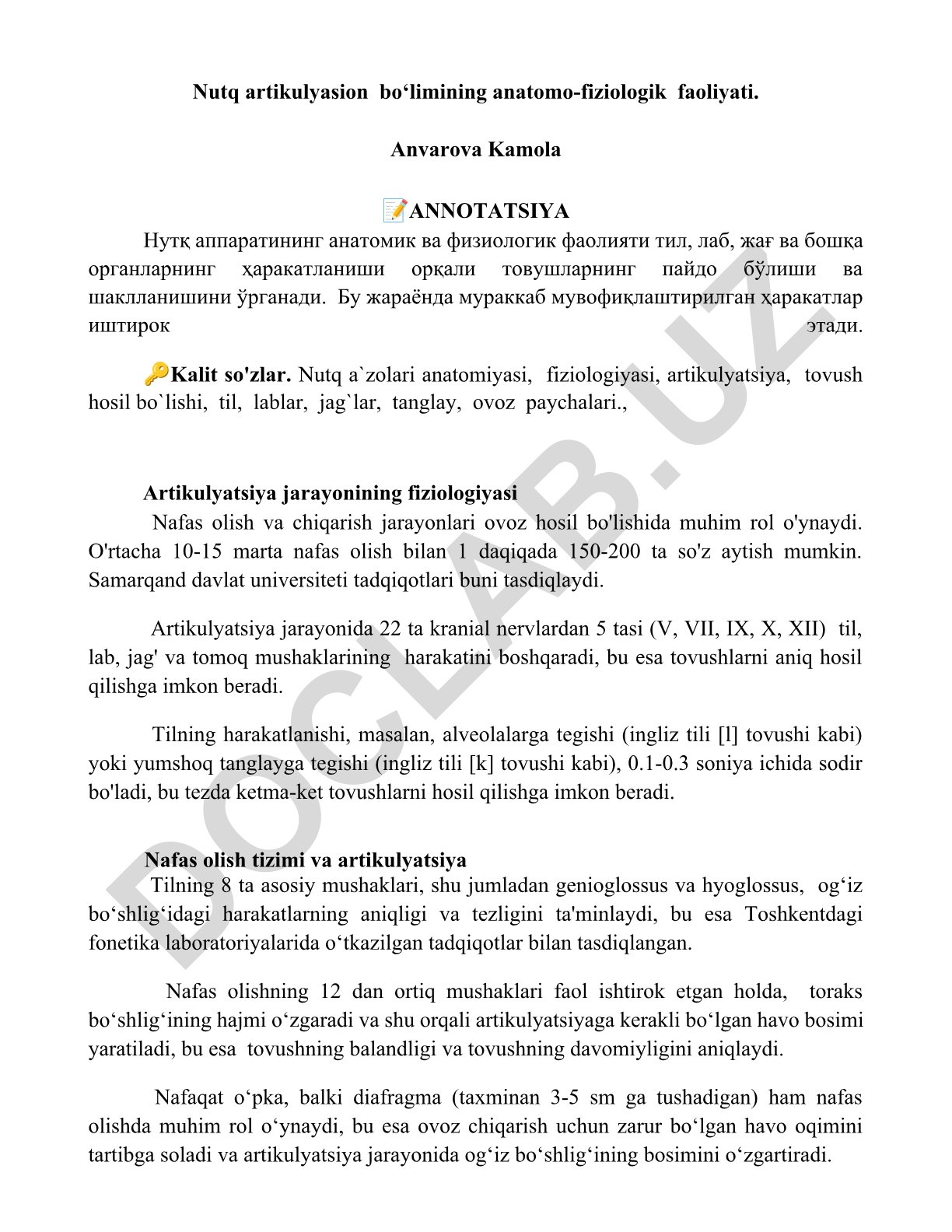 Nutq artikulyasion bo‘limining anatomo-fiziologik faoliyati