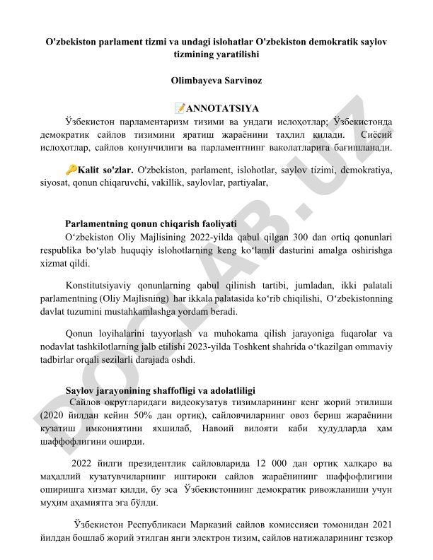 O'zbekiston parlament tizmi va undagi islohotlar
