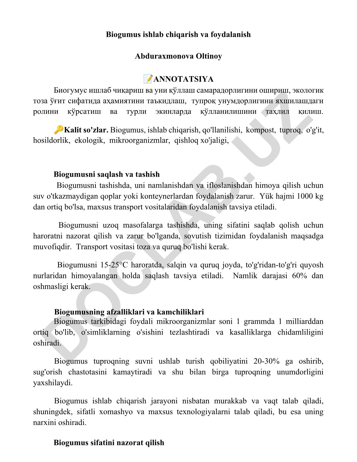 Biogumus ishlab chiqarish va foydalanish