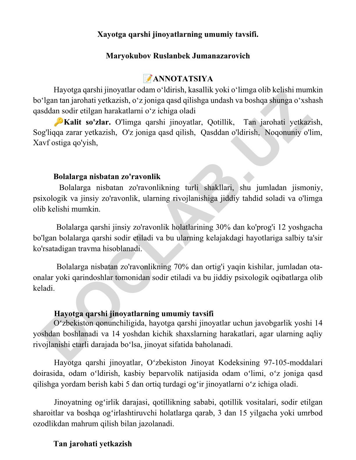 Hayotga qarshi jinoyatlarning umumiy tavsifi