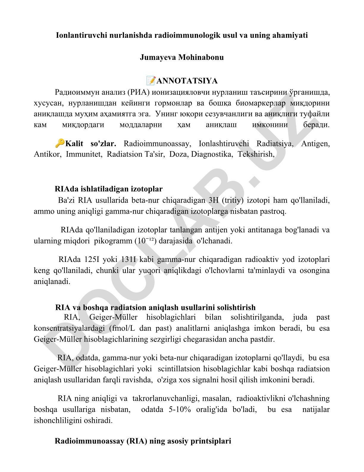 Ionlantiruvchi nurlanishda radioimmunologik usul va uning ahamiyati