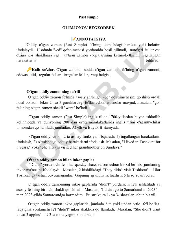 Past Simple (Oddiy o'tgan zamon) haqida ingliz tili grammatikasi