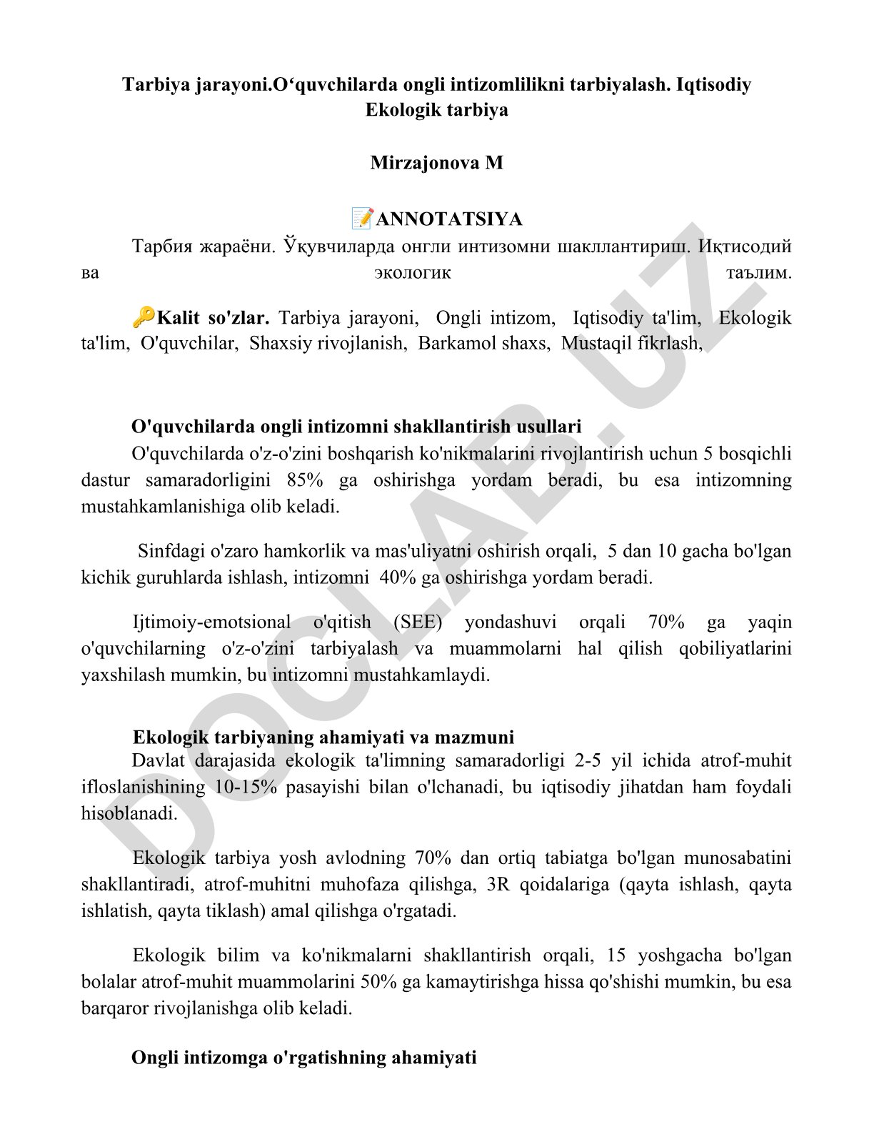 Oʻquvchilarda ongli intizomlilikni tarbiyalash va iqtisodiy-ekologik tarbiya