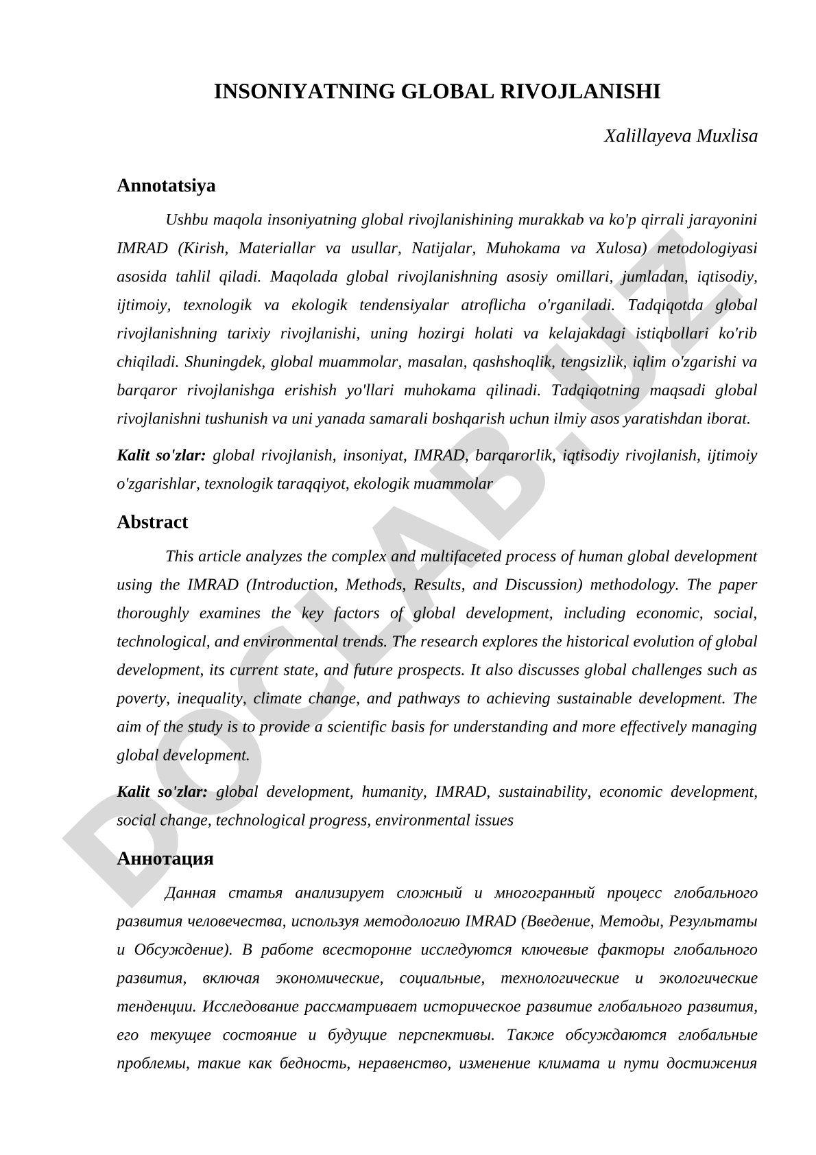 Insoniyatning global rivojlanishi