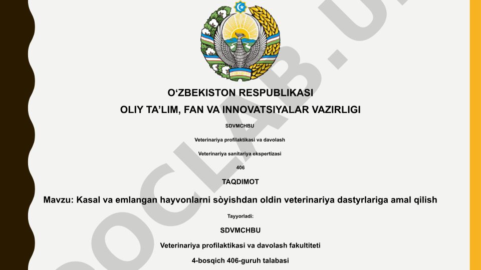 Kasal va emlangan hayvonlarni so'yishdan oldin veterinariya dasturlariga amal qilish