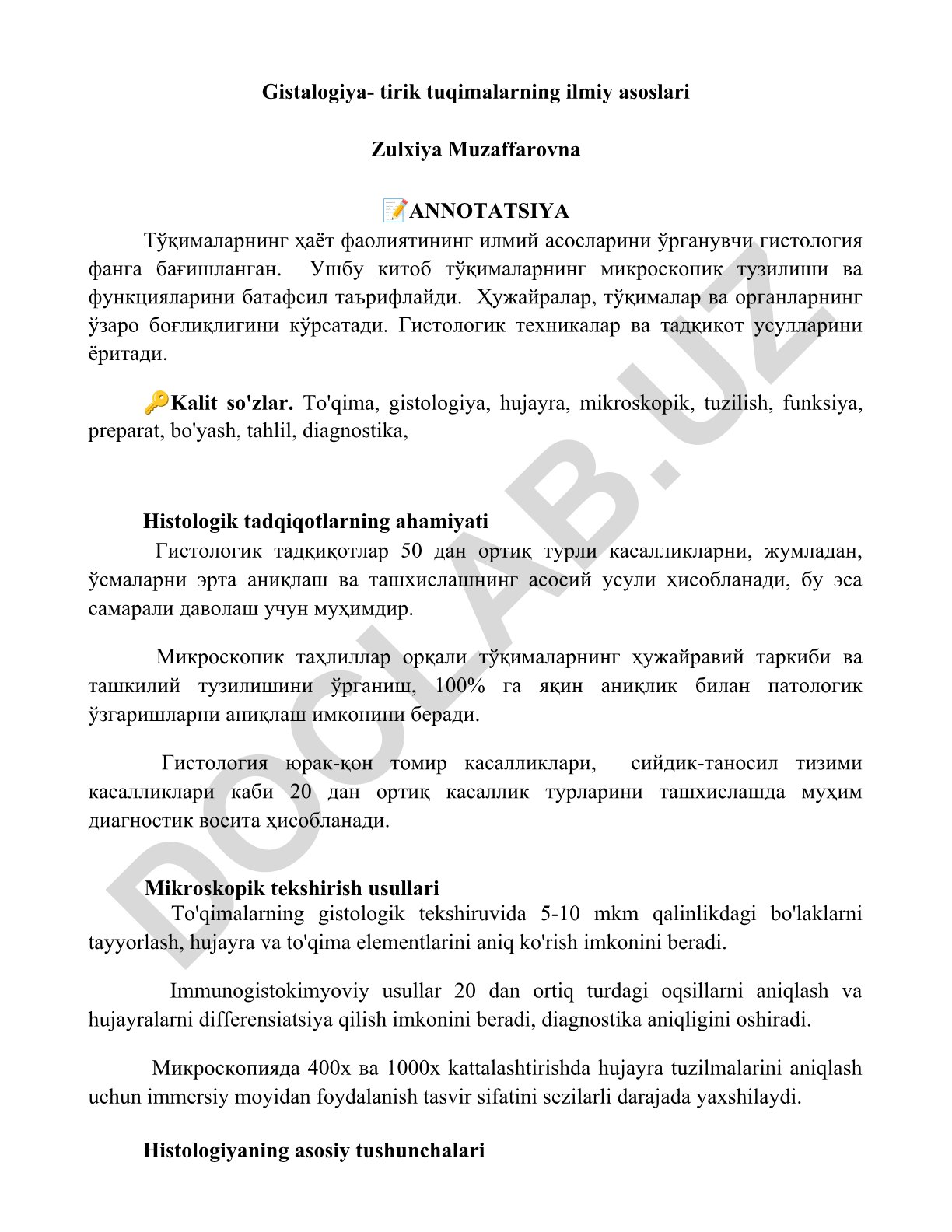 Gistalogiya - tirik tuqimalarning ilmiy asoslari