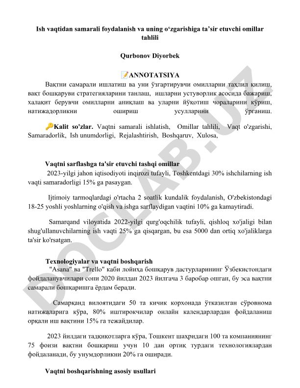 Ish vaqtidan samarali foydalanish va uning o'zgarishiga ta'sir etuvchi omillar tahlili