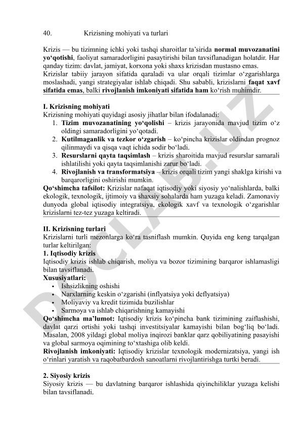 Krizisning mohiyati va turlari