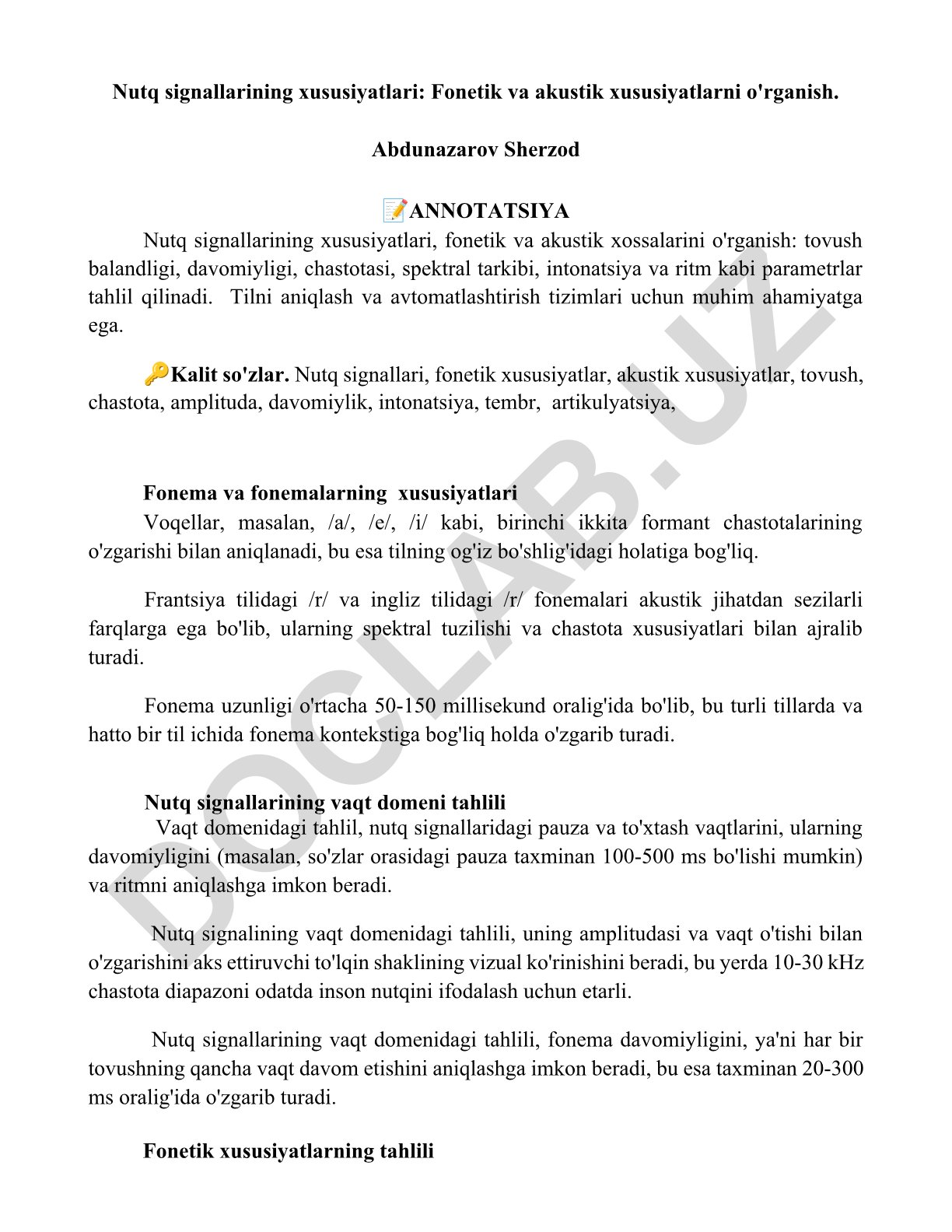 Nutq signallarining xususiyatlari: Fonetik va akustik xususiyatlarni o'rganish