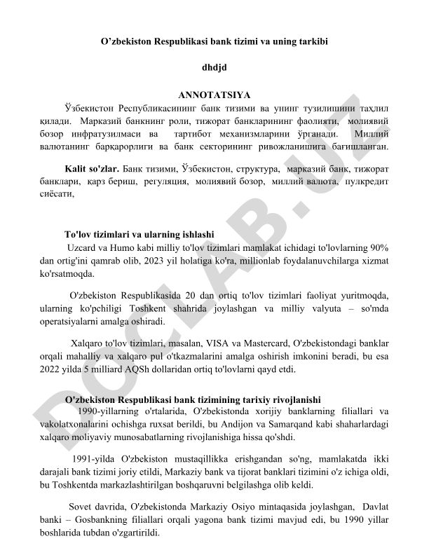 O'zbekiston Respublikasi bank tizimi va uning tarkibi