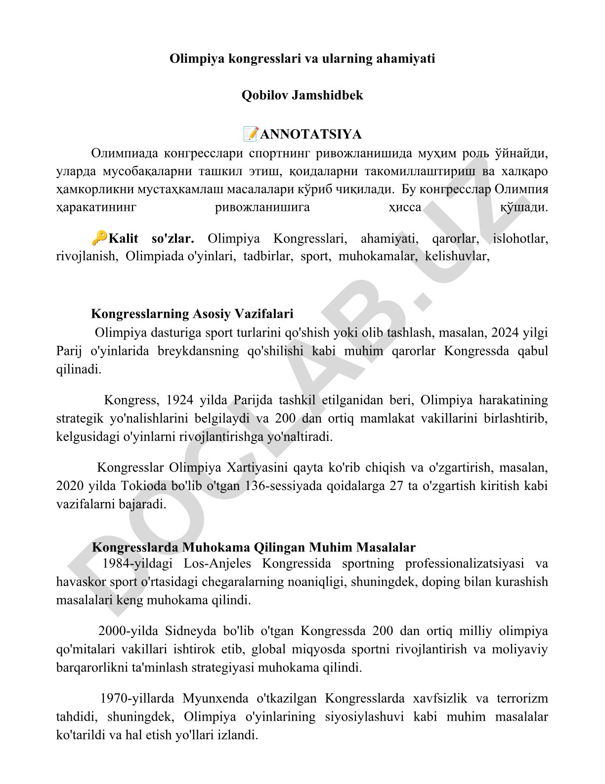 Olimpiya kongresslari va ularning ahamiyati