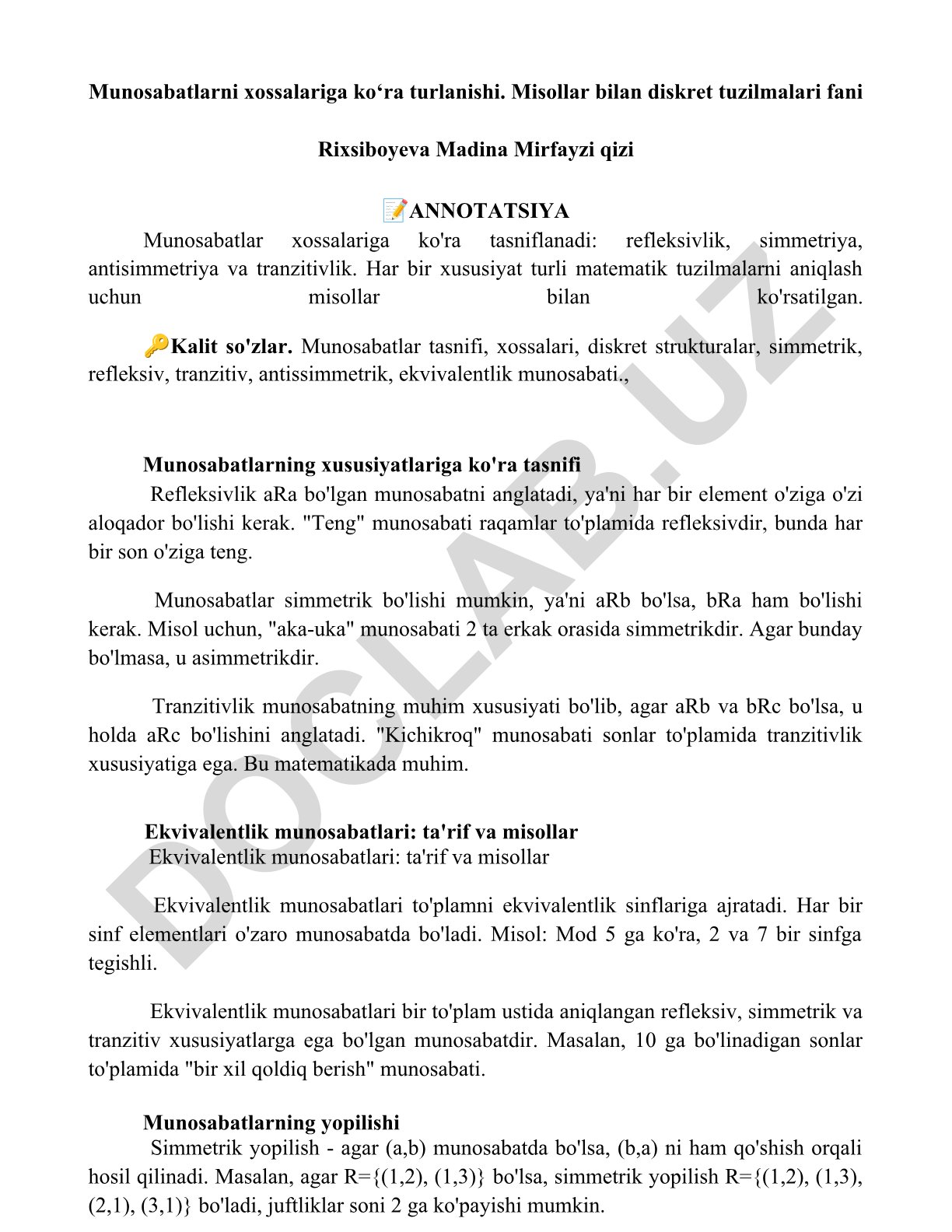 Munosabatlarning xususiyatlariga ko'ra tasnifi va ekvivalentlik munosabatlari