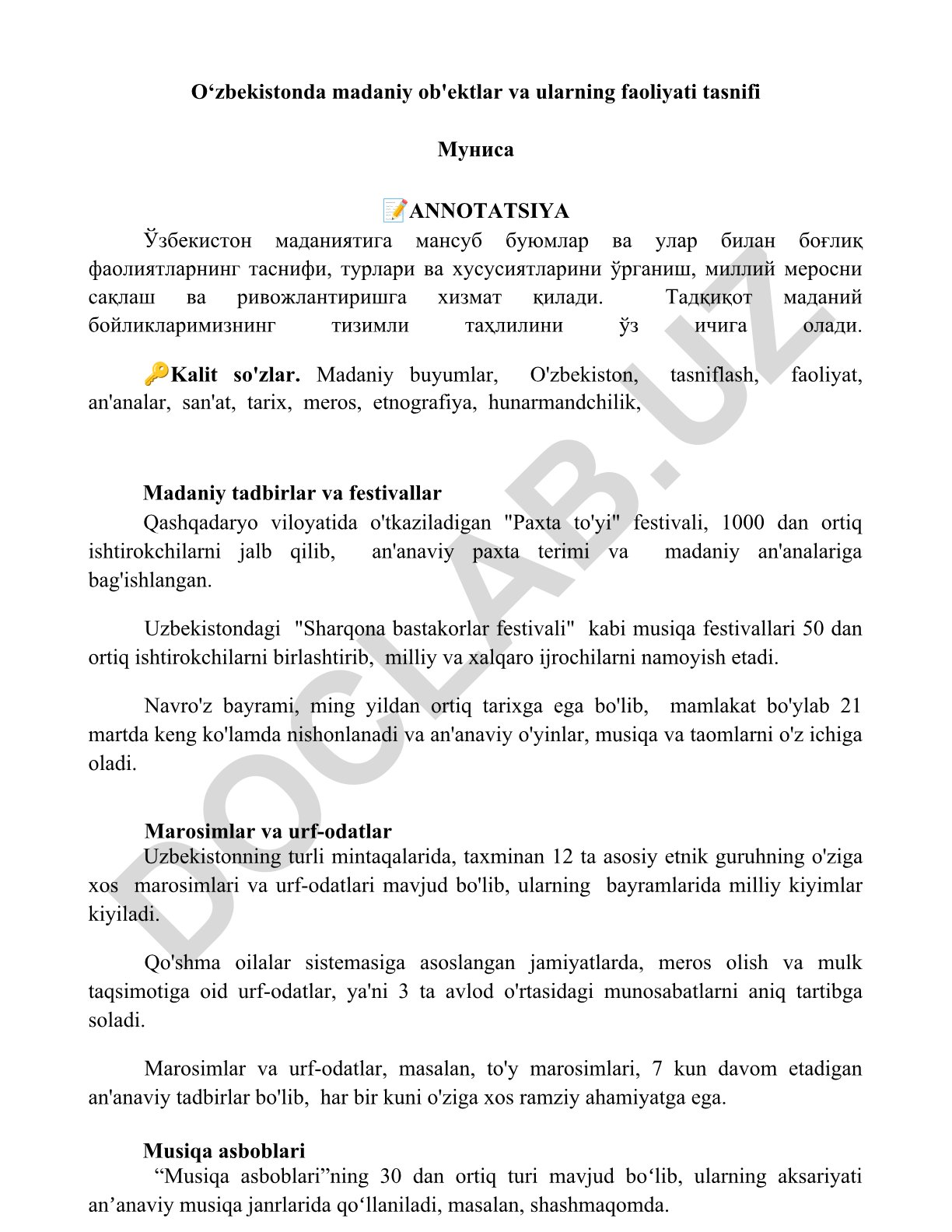 O‘zbekistonda madaniy ob'ektlar va ularning faoliyati tasnifi