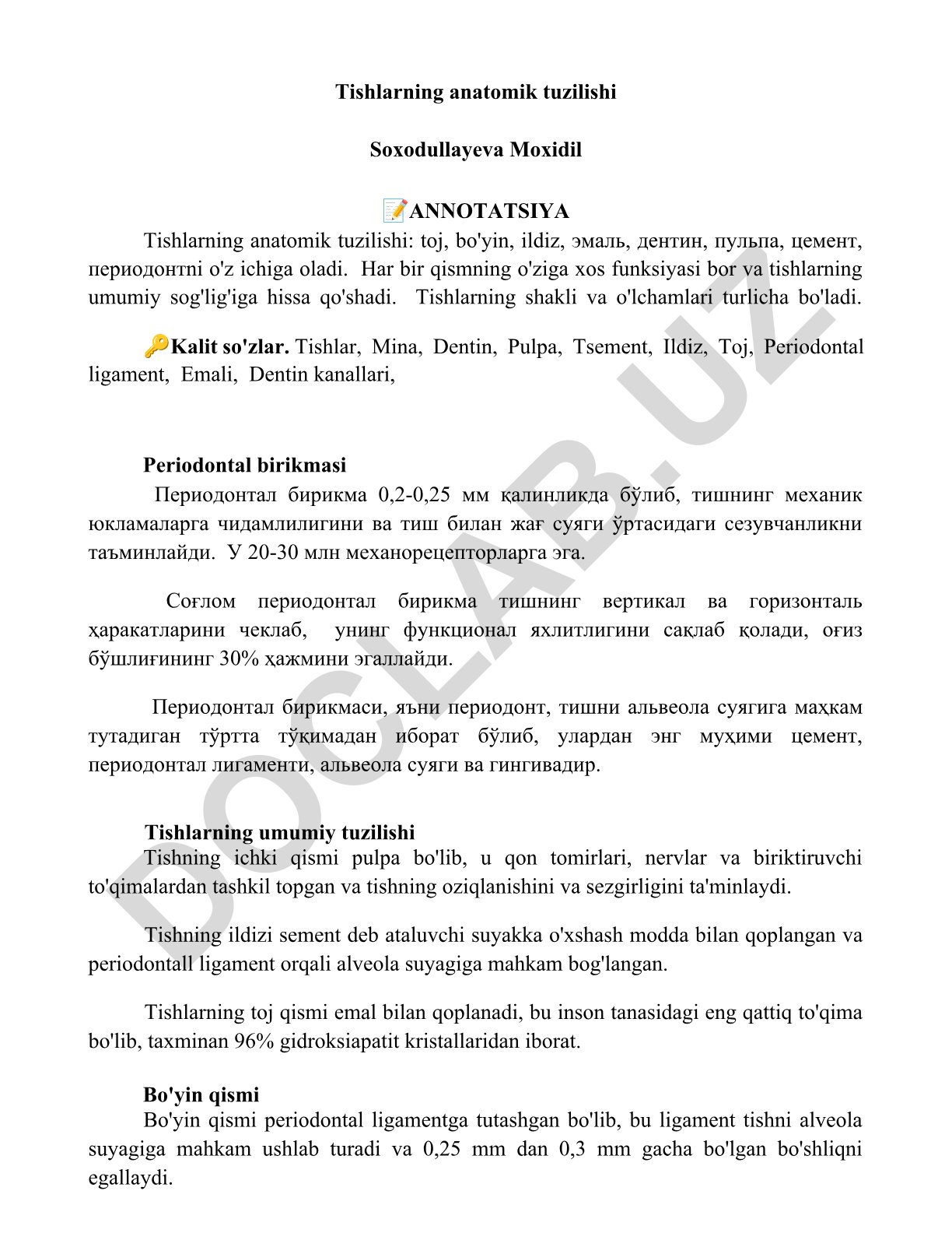 Tishlarning anatomik tuzilishi
