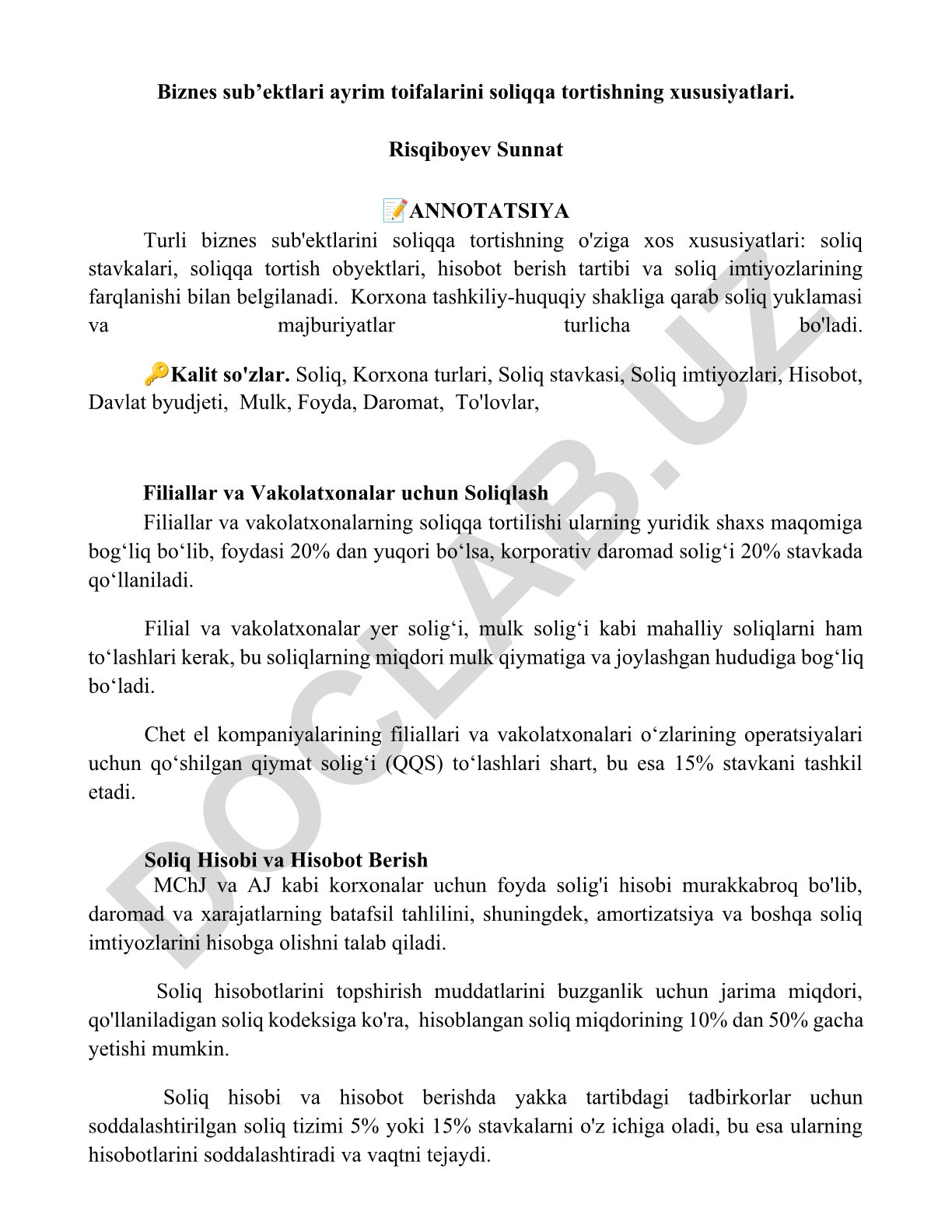 Biznes sub’ektlari ayrim toifalarini soliqqa tortishning xususiyatlari