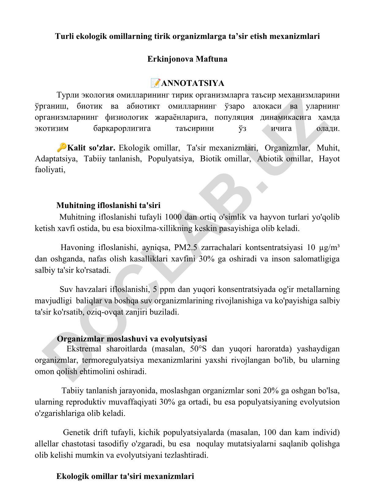Turli ekologik omillarning tirik organizmlarga ta'sir etish mexanizmlari