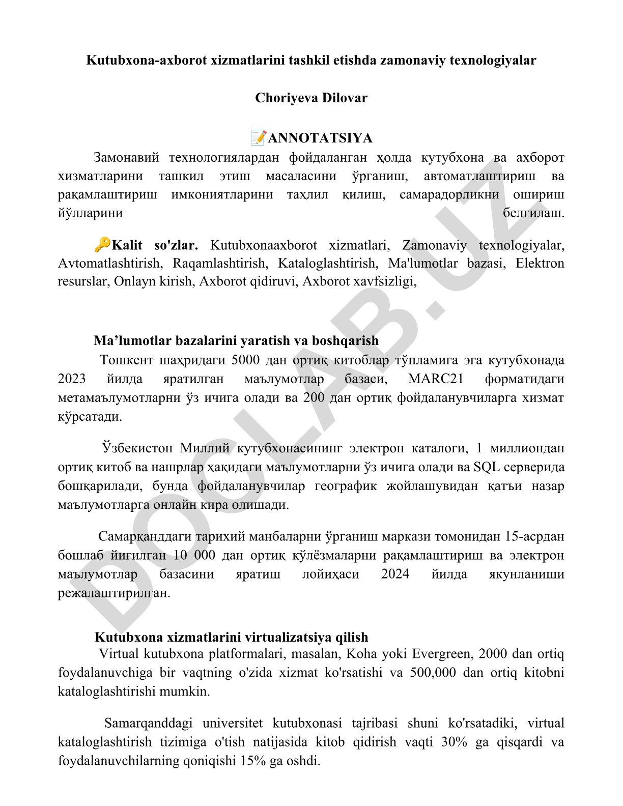 Kutubxona-axborot xizmatlarini tashkil etishda zamonaviy texnologiyalar