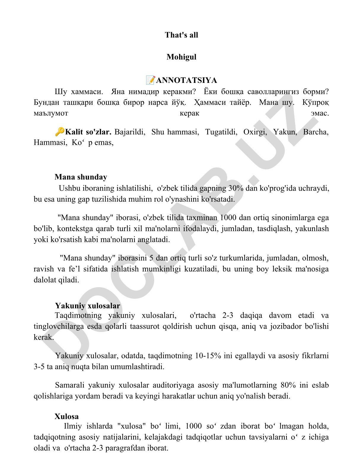 O'zbek tilida "Mana shunday" iborasining leksik va sintaktik xususiyatlari