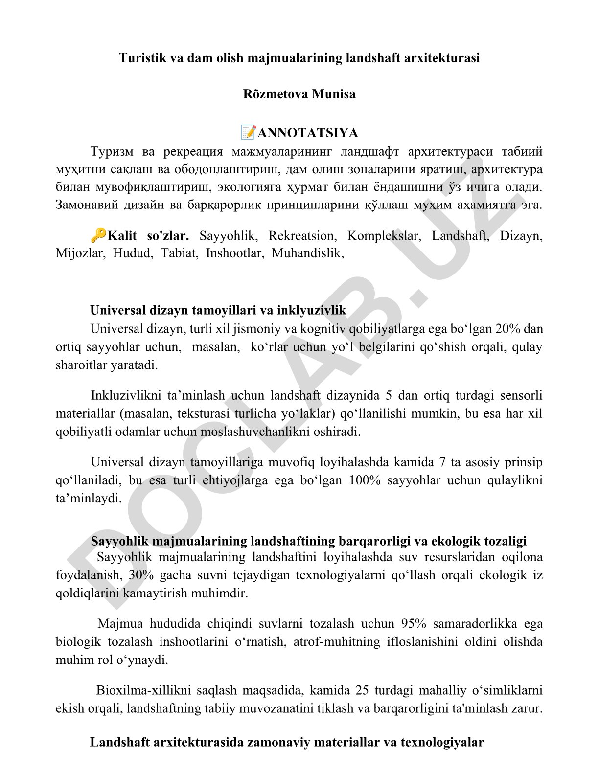 Turistik va dam olish majmualarining landshaft arxitekturasi