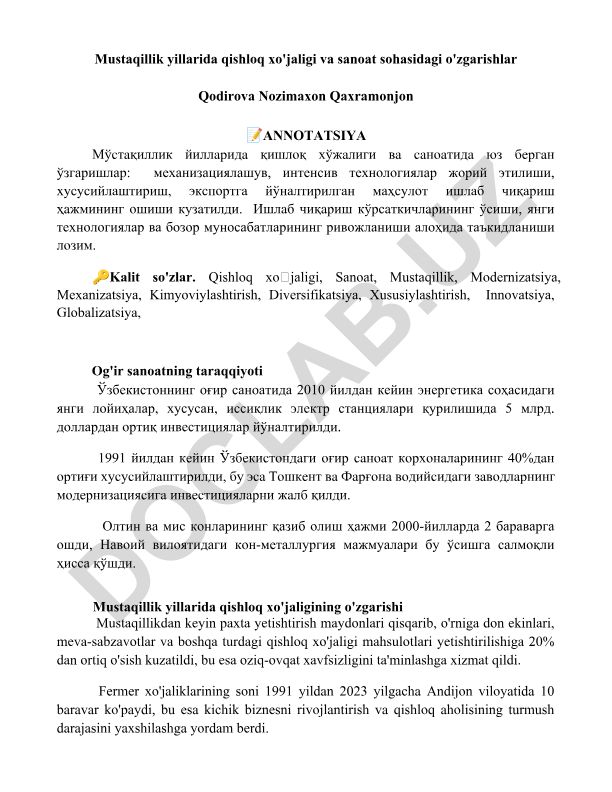 Mustaqillik yillarida qishloq xo'jaligi va sanoat sohasidagi o'zgarishlar