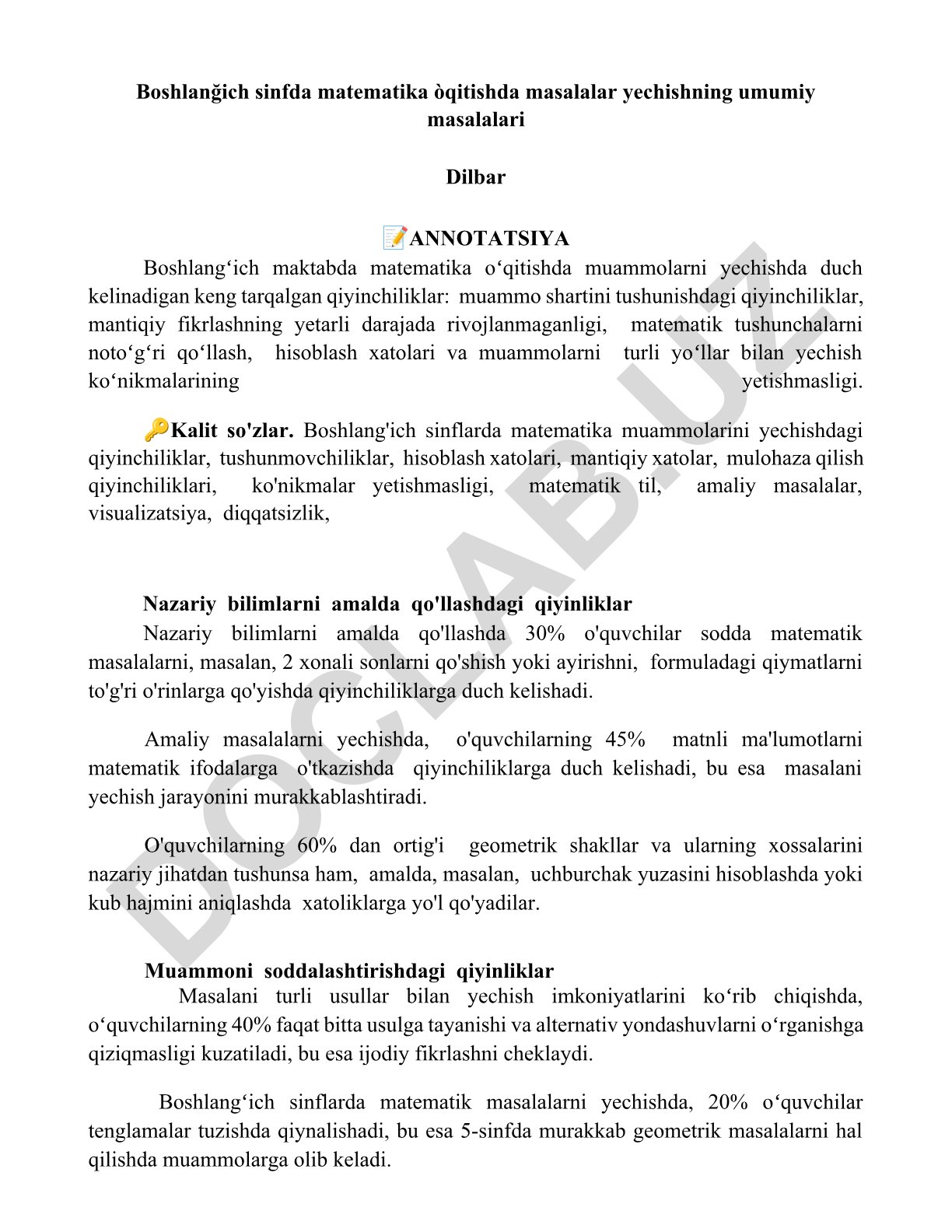 Boshlang'ich sinflarda matematika masalalarini yechishdagi qiyinchiliklar