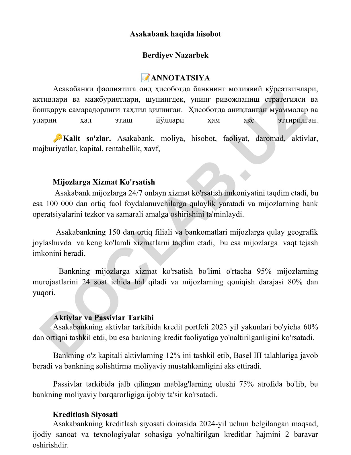 Asakabank faoliyati va moliyaviy ko'rsatkichlari hisoboti