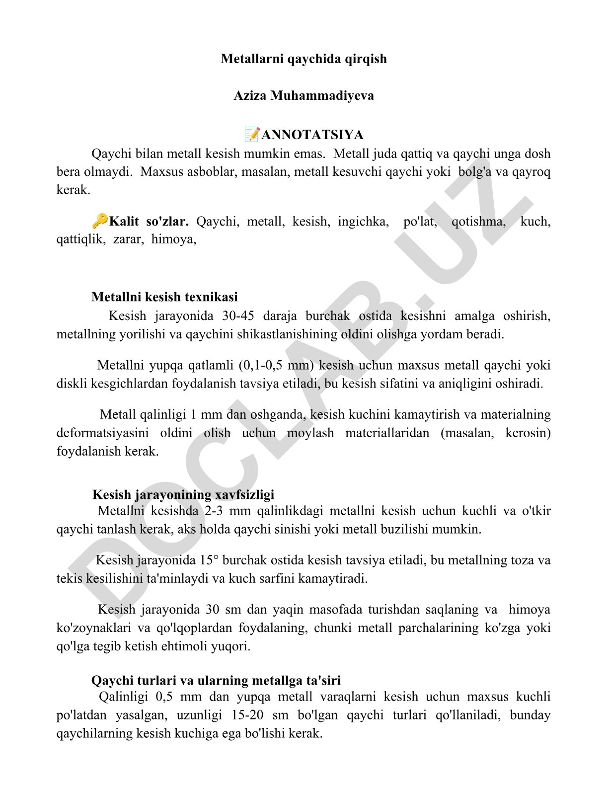 Metallarni qaychida qirqish texnikasi va xavfsizligi