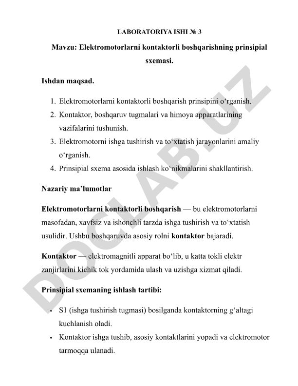 Elektromotorlarni kontaktorli boshqarishning prinsipial sxemasi
