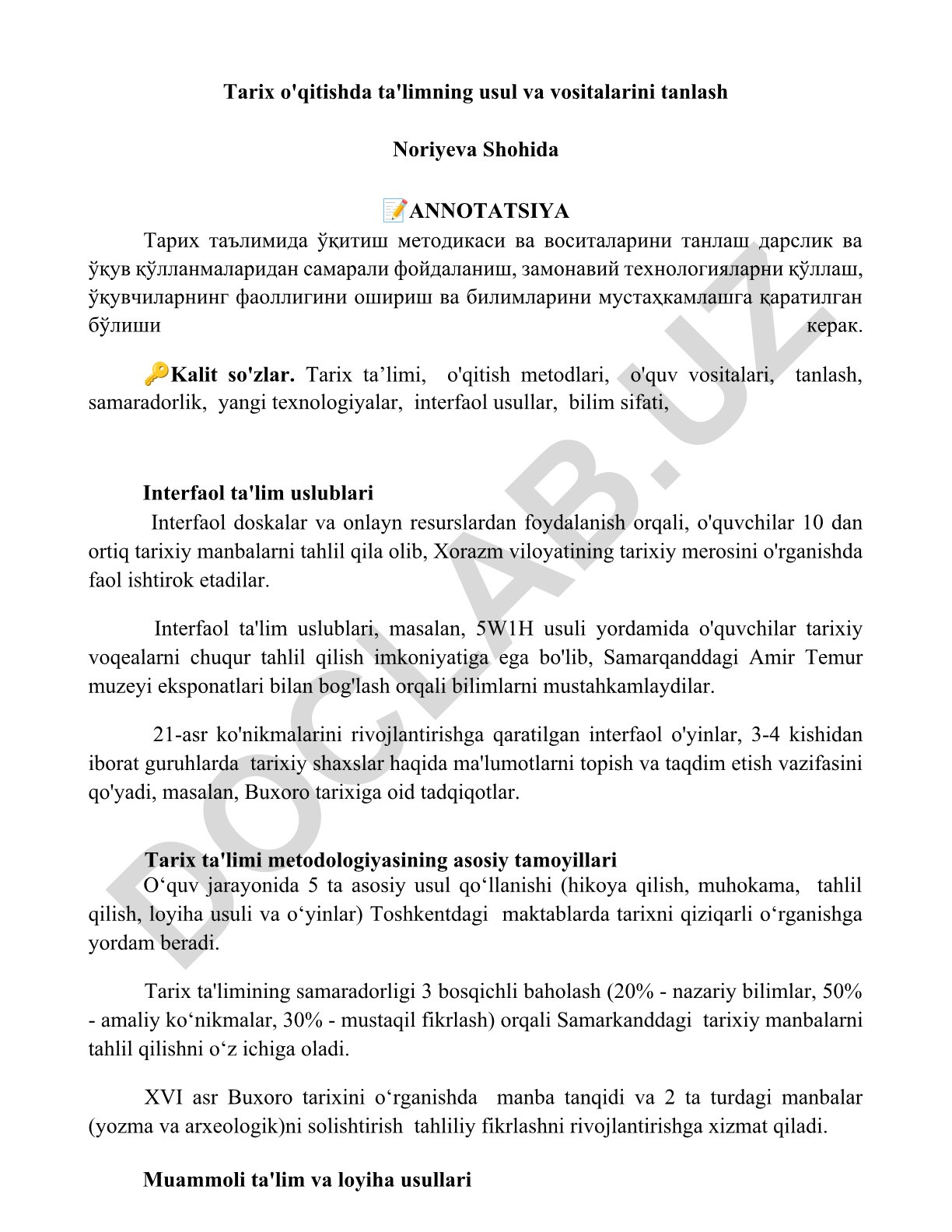Tarix o'qitishda ta'limning usul va vositalarini tanlash
