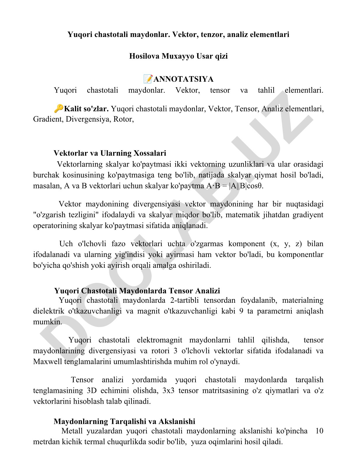 Yuqori chastotali maydonlar. Vektor, tenzor, analiz elementlari