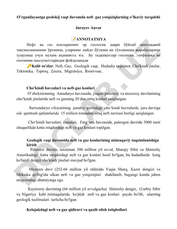 Geologik vaqt davomida neft va gaz konlarining mintaqaviy taqsimlanishi