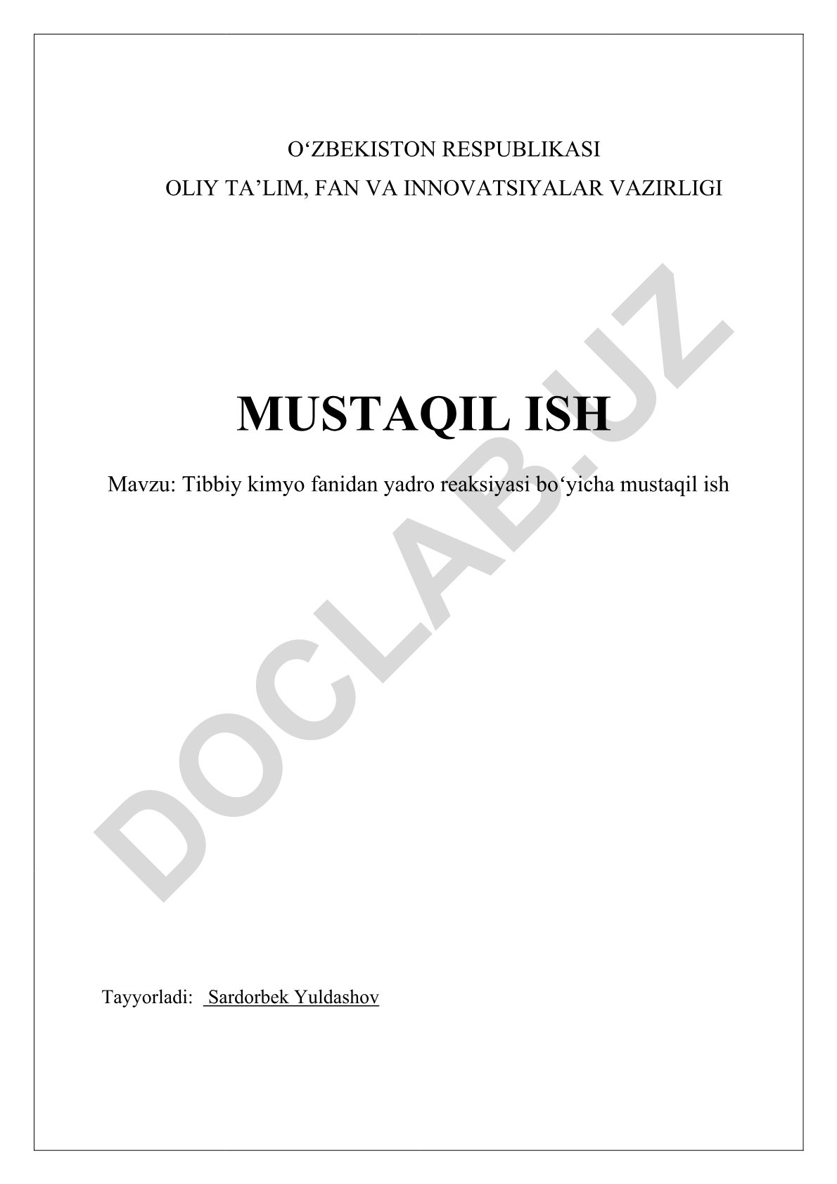 Tibbiy kimyo fanidan yadro reaksiyasi boʻyicha mustaqil ish