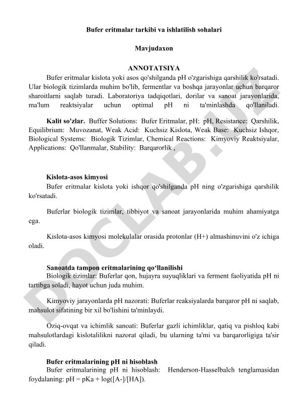 Bufer eritmalar tarkibi va ishlatilish sohalari