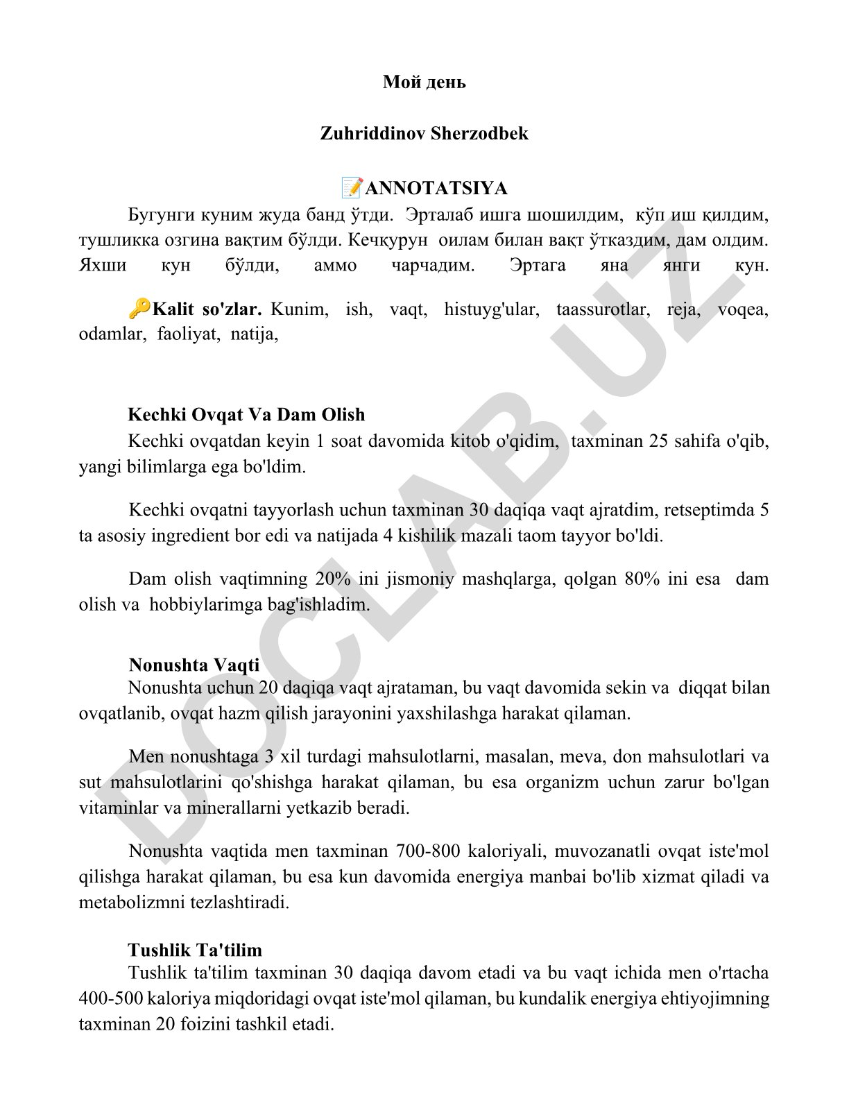 Kundalik faoliyat va ovqatlanish tartibi