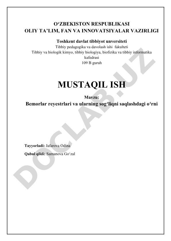 Bemorlar reyestrlari va ularning sogʻliqni saqlashdagi oʻrni