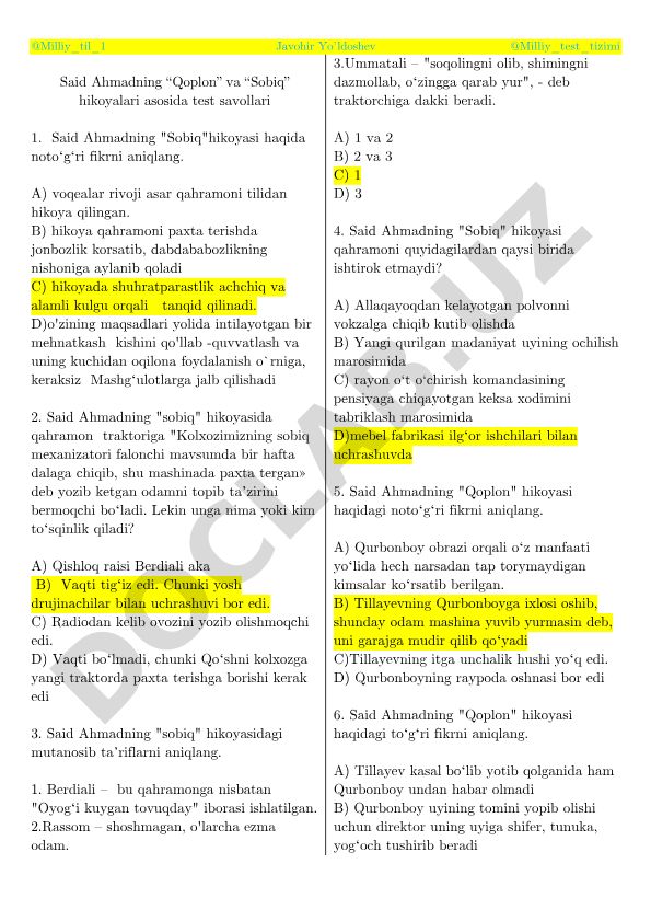 Said Ahmadning "Qoplon" va "Sobiq" hikoyalari asosida test savollari