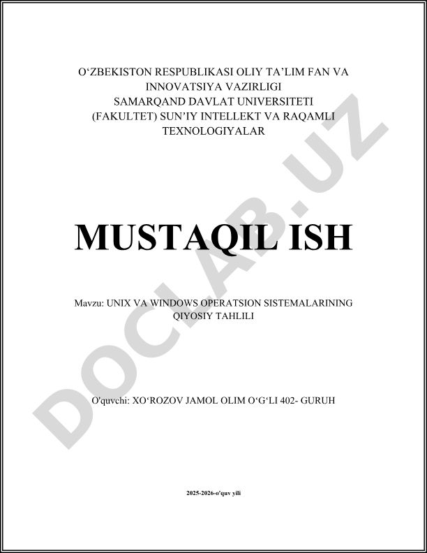 UNIX va Windows operatsion sistemalarining qiyosiy tahlili