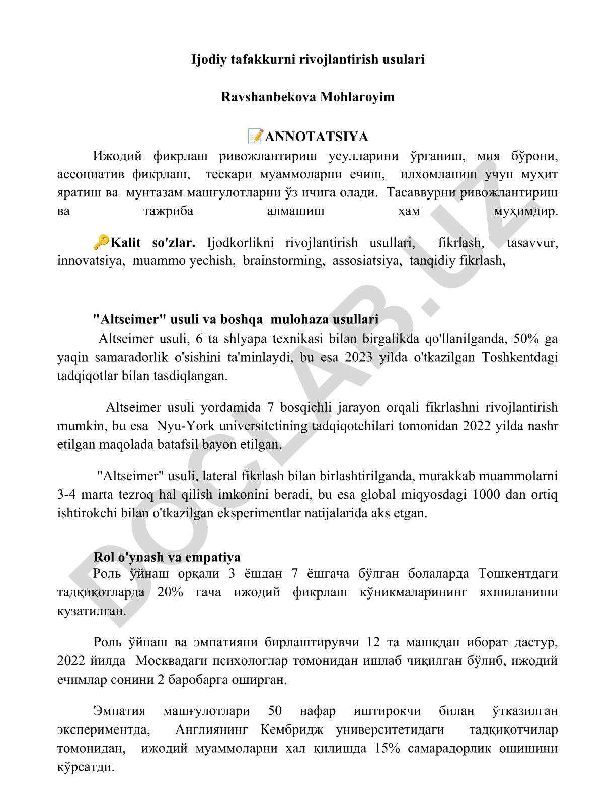 Ijodiy tafakkurni rivojlantirish usullari