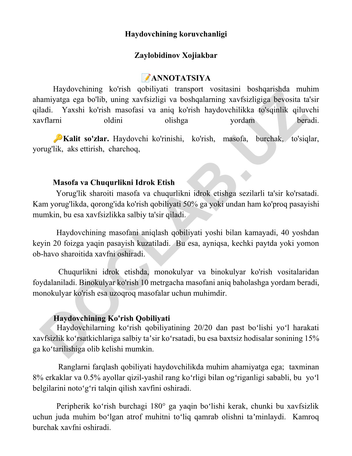 Haydovchining ko'rish qobiliyati va transport xavfsizligi