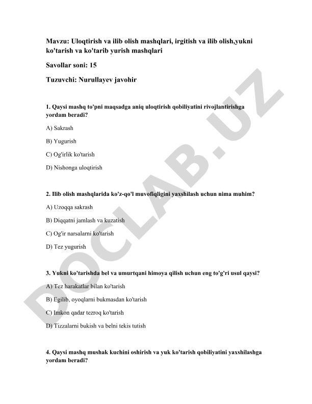 Uloqtirish va ilib olish mashqlari, irgitish va ilib olish, yukni ko'tarish va ko'tarib yurish mashqlari