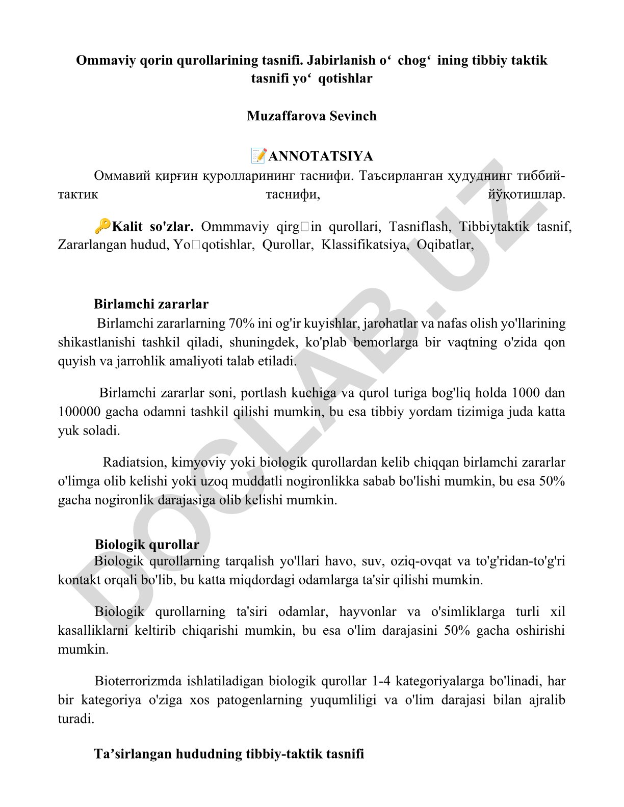 Ommaviy qirgʻin qurollari tasnifi va tibbiy-taktik ta'sirlari