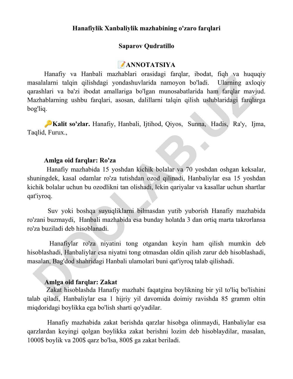 Hanafiy va Hanbali mazhablari orasidagi farqlar