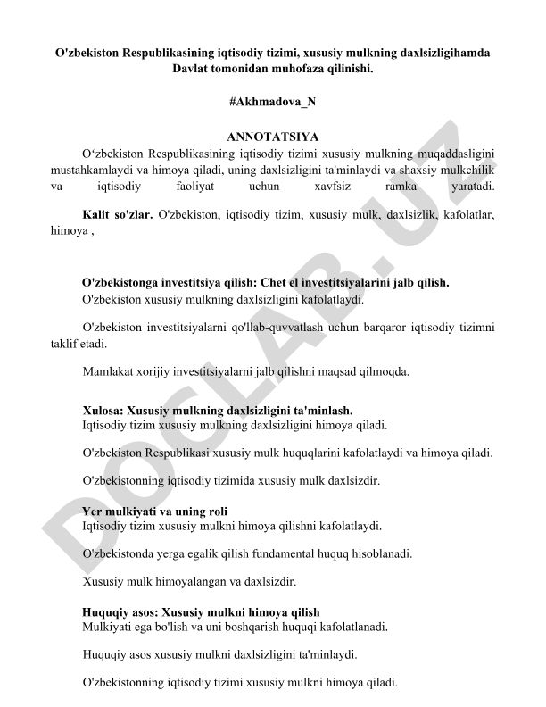 O'zbekiston Respublikasining iqtisodiy tizimi va xususiy mulkning daxlsizligi
