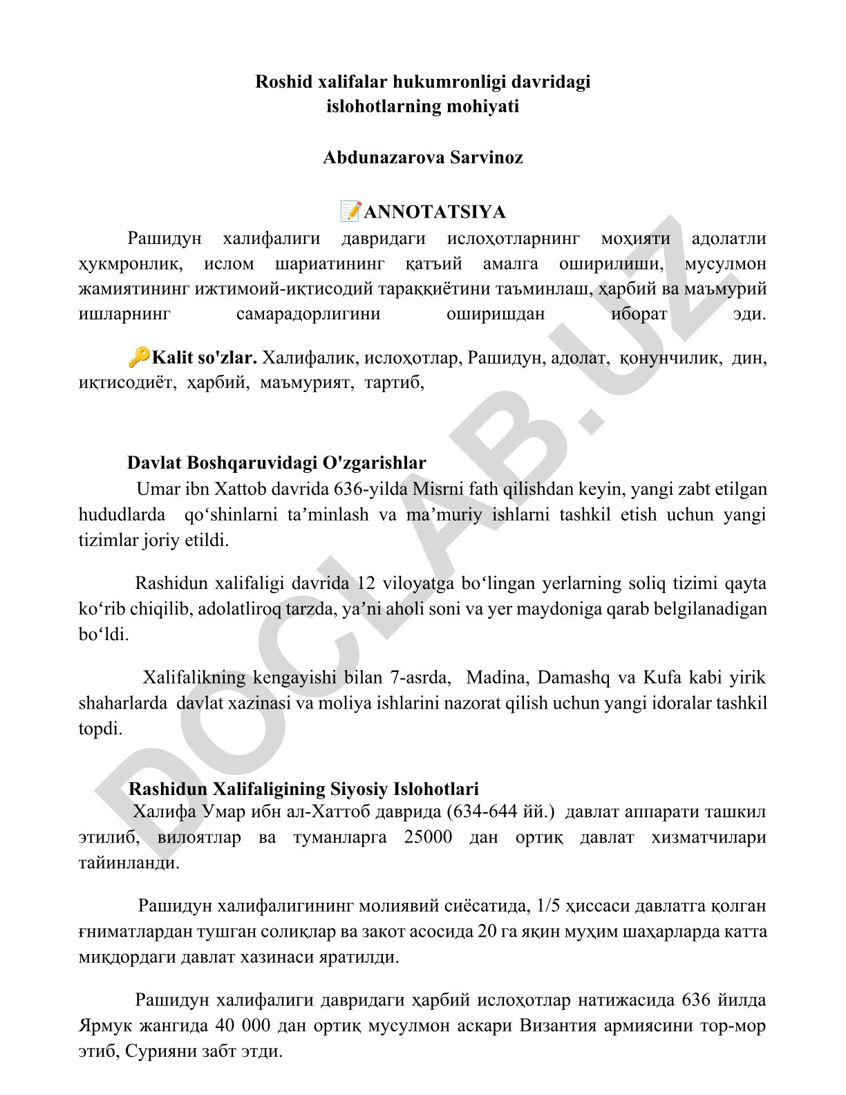 Roshid xalifalar hukumronligi davridagi islohotlarning mohiyati