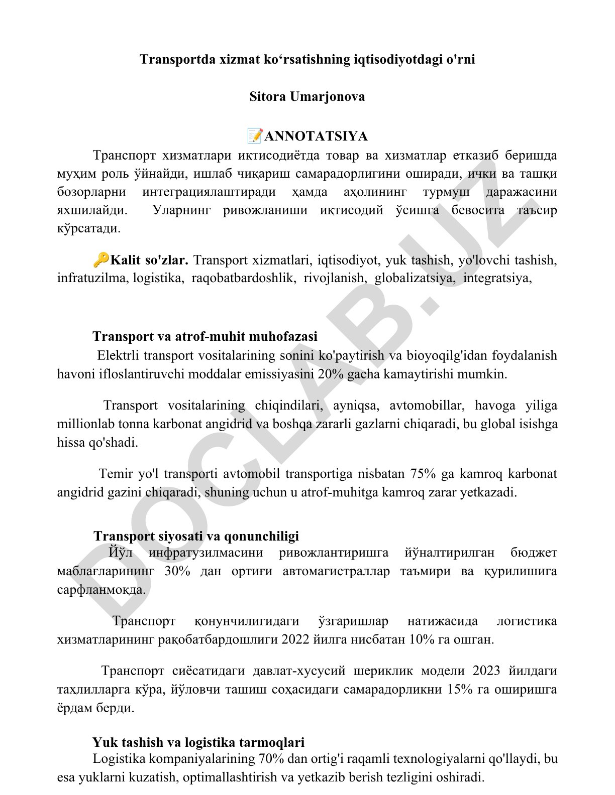 Transportda xizmat ko‘rsatishning iqtisodiyotdagi o'rni